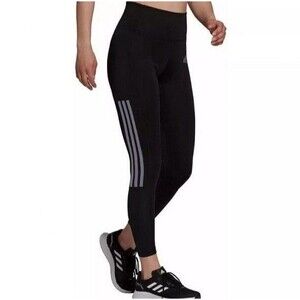 NWT Adidas Womens 7/8 Leggings Black w/ 3 Gray Stripes Size Medium